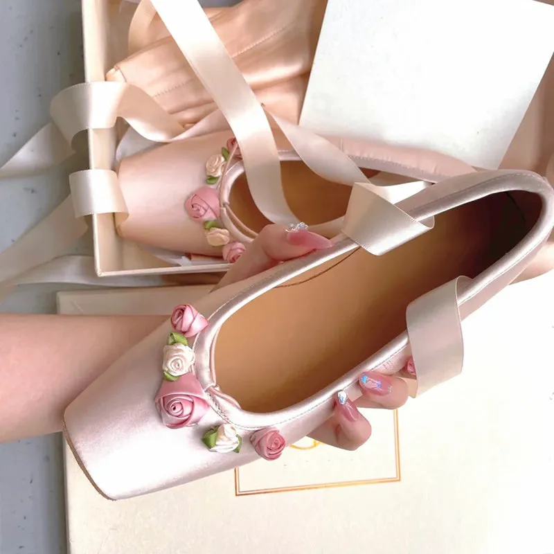 Rose Vintage Crossover Square Toe Lace-up Ballet Flats