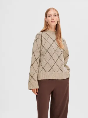 Selected Femme Faril diamond jacquard knit Birch Java