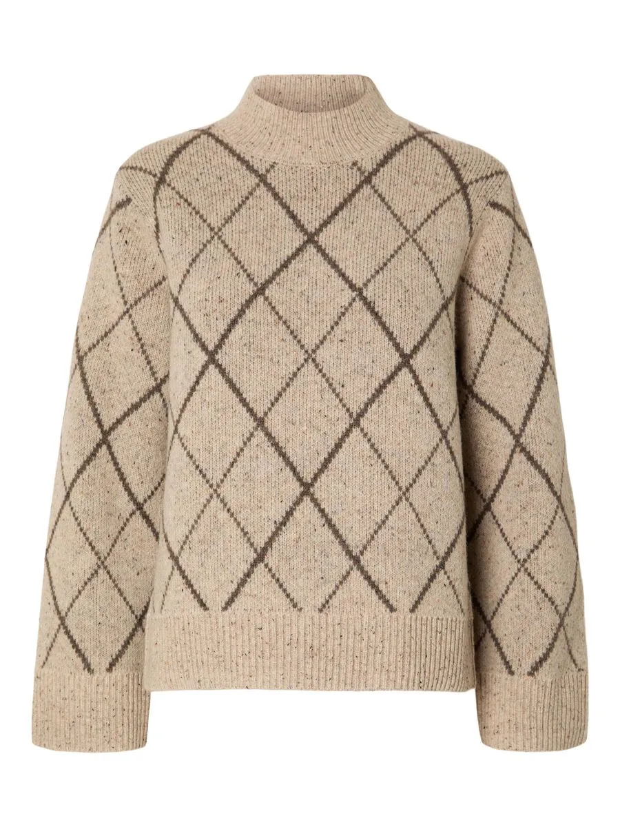 Selected Femme Faril diamond jacquard knit Birch Java