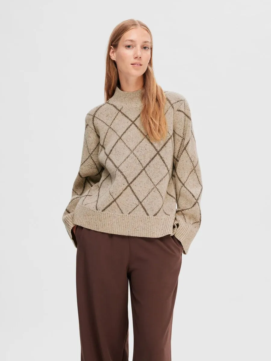 Selected Femme Faril diamond jacquard knit Birch Java
