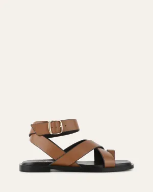 SHONA FLAT SANDALS DARK TAN LEATHER