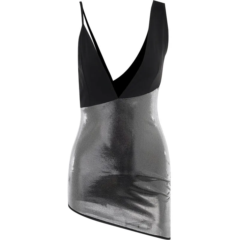 Spaghetti Strap V-neck Sequin Patchwork Bodycon Dress