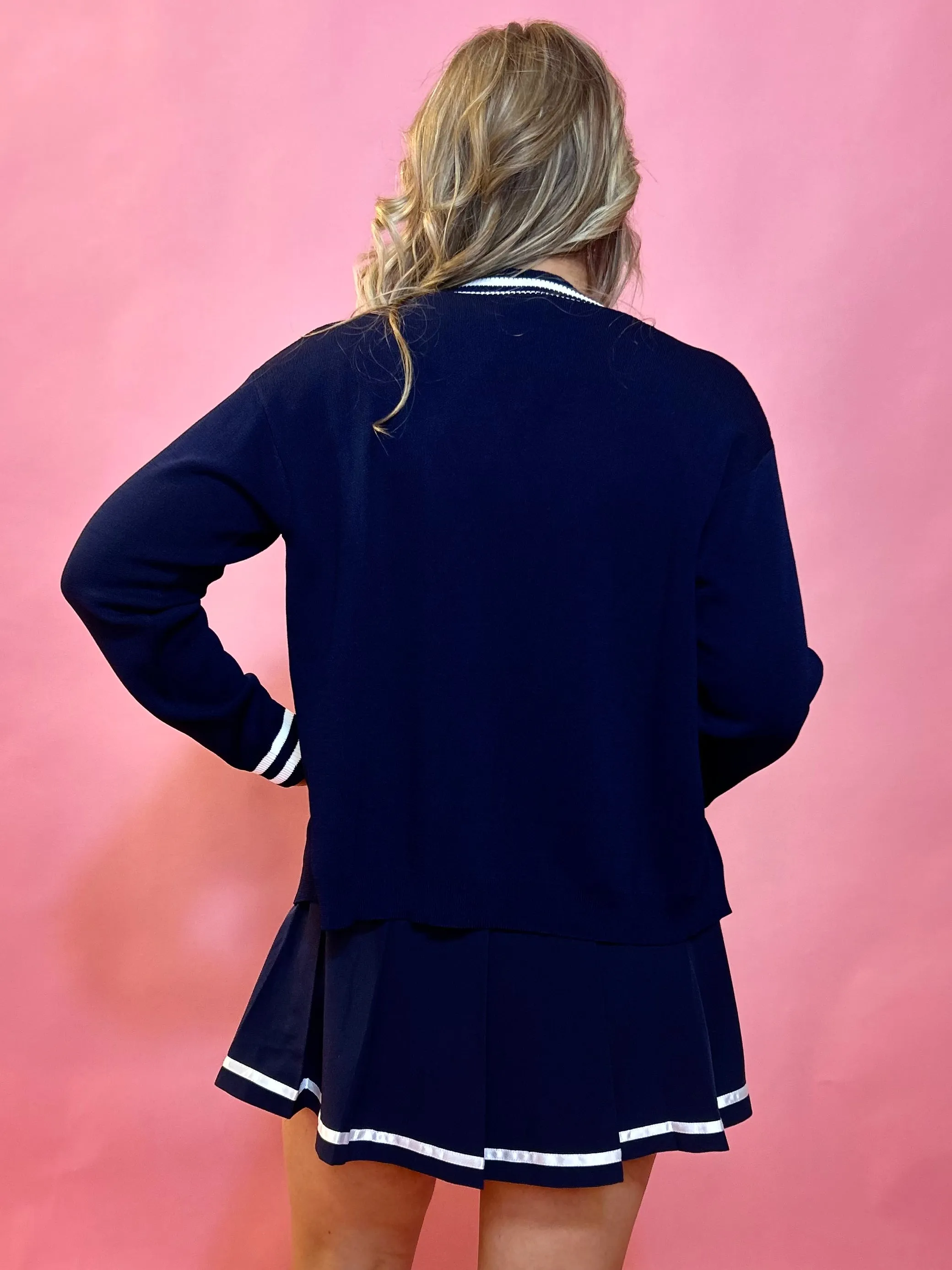 Sporty Elegance:Navy Long Sleeve Cardigan with Navy Trim