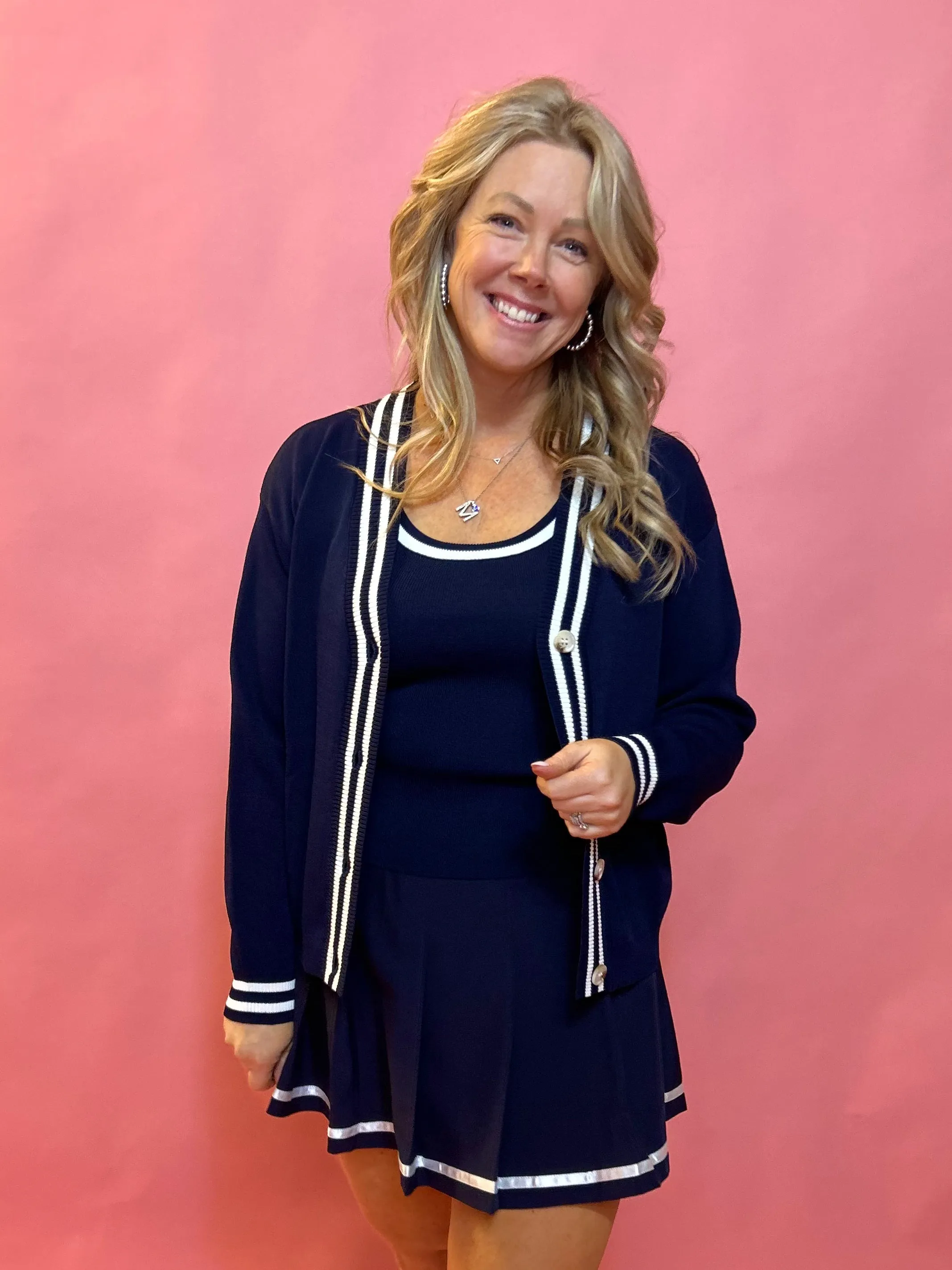 Sporty Elegance:Navy Long Sleeve Cardigan with Navy Trim
