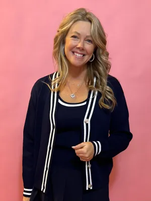 Sporty Elegance:Navy Long Sleeve Cardigan with Navy Trim