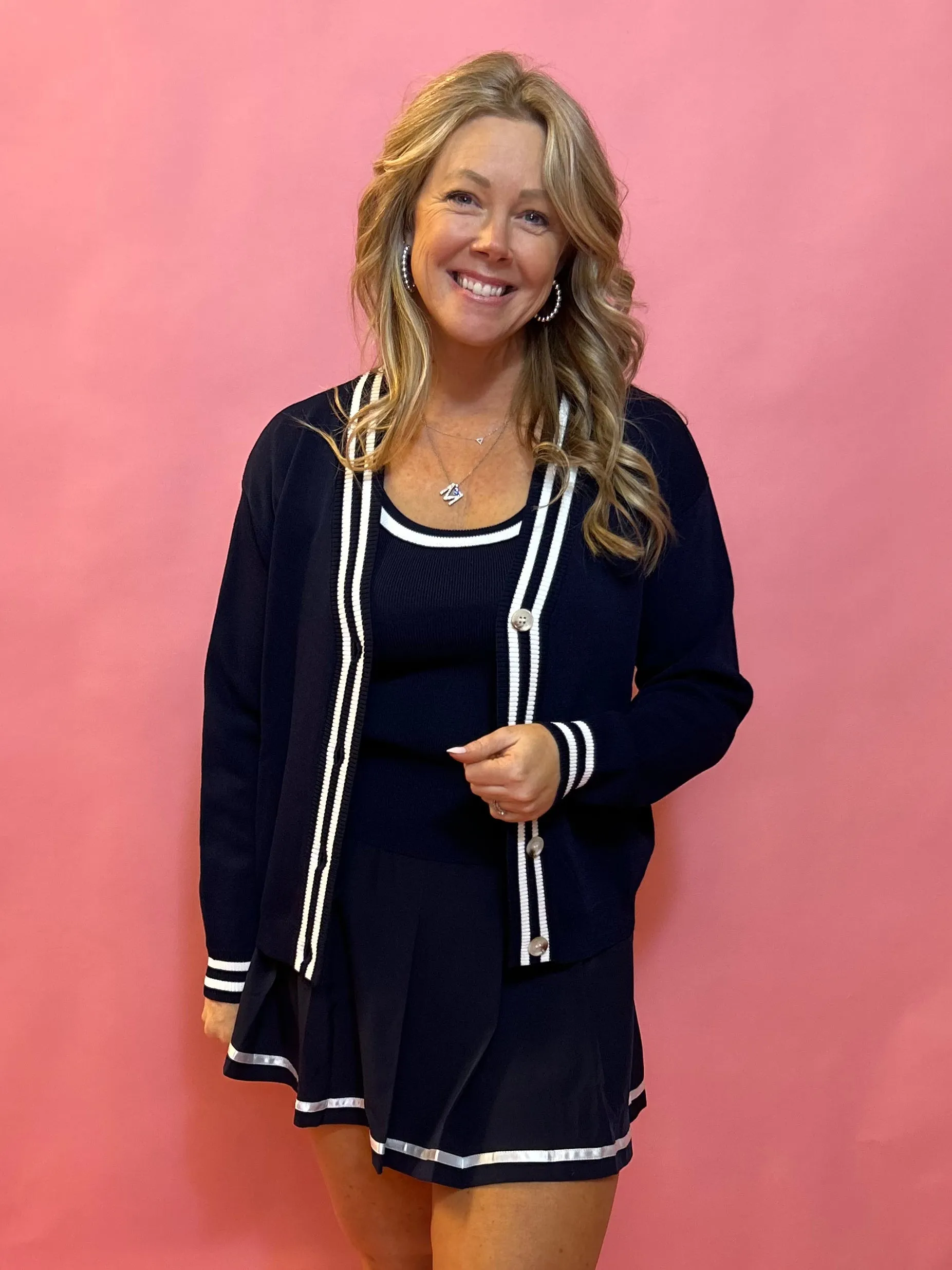 Sporty Elegance:Navy Long Sleeve Cardigan with Navy Trim