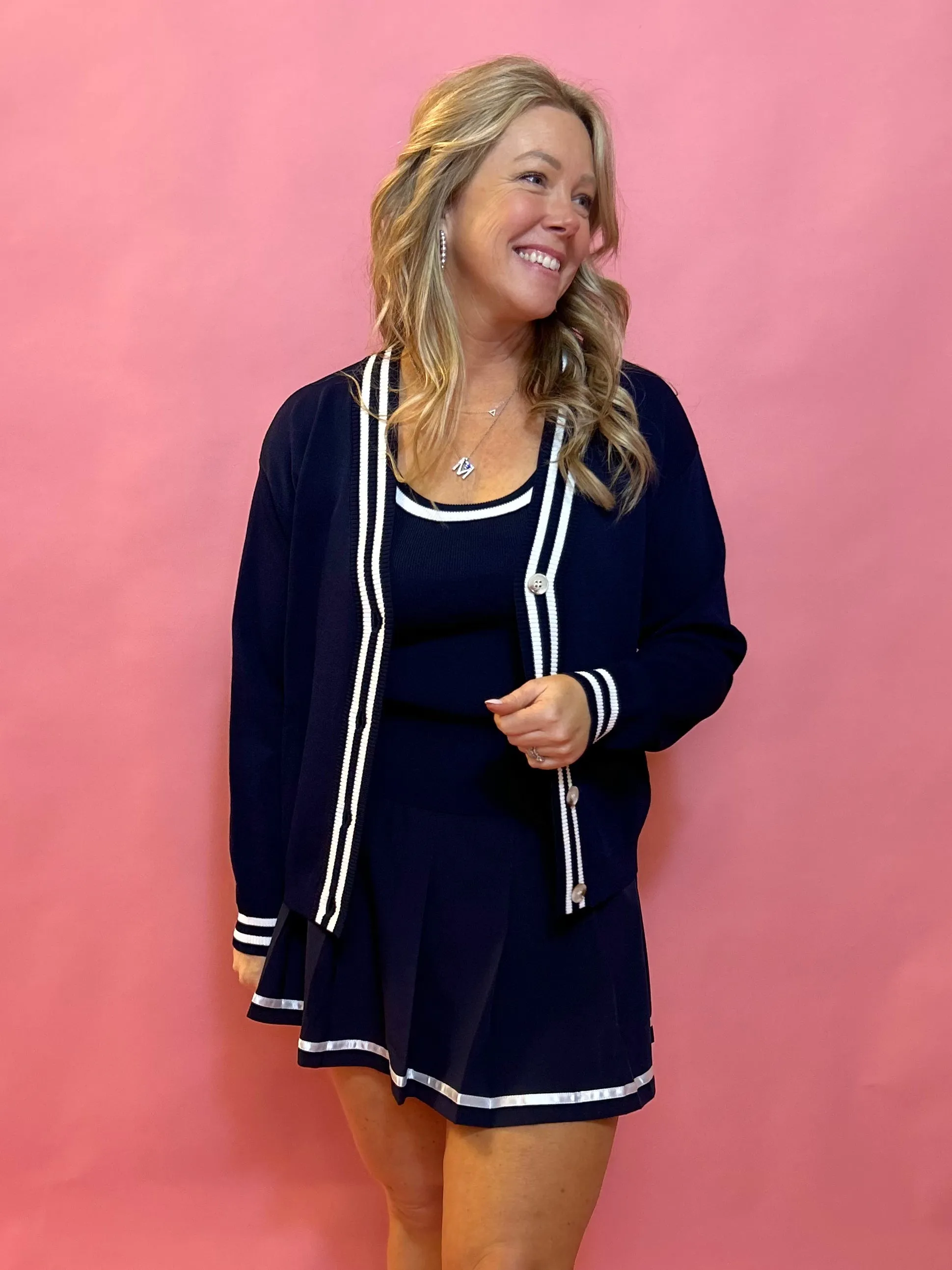 Sporty Elegance:Navy Long Sleeve Cardigan with Navy Trim