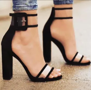Suede Buckle High Chunky Heel Ankle Sandals