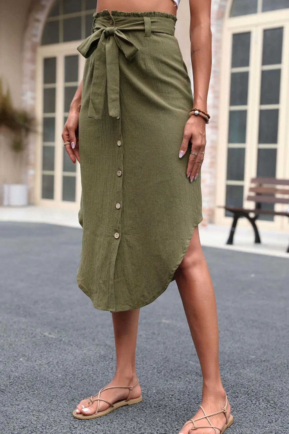 Uniquely Beautiful Tie Belt Curved Hem Skirt