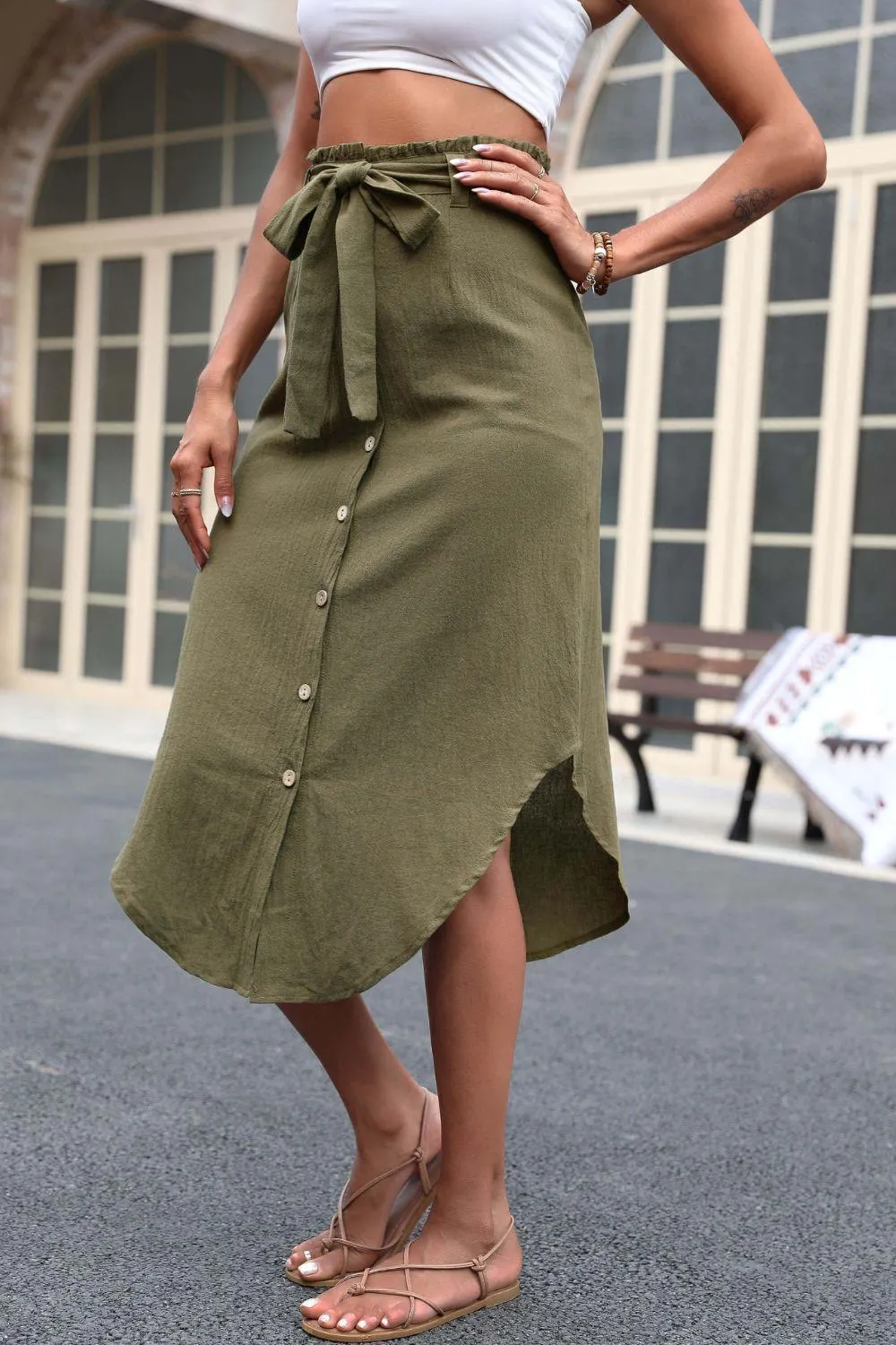 Uniquely Beautiful Tie Belt Curved Hem Skirt