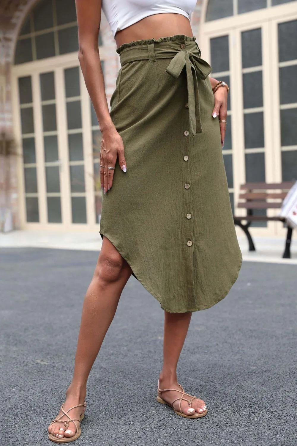 Uniquely Beautiful Tie Belt Curved Hem Skirt
