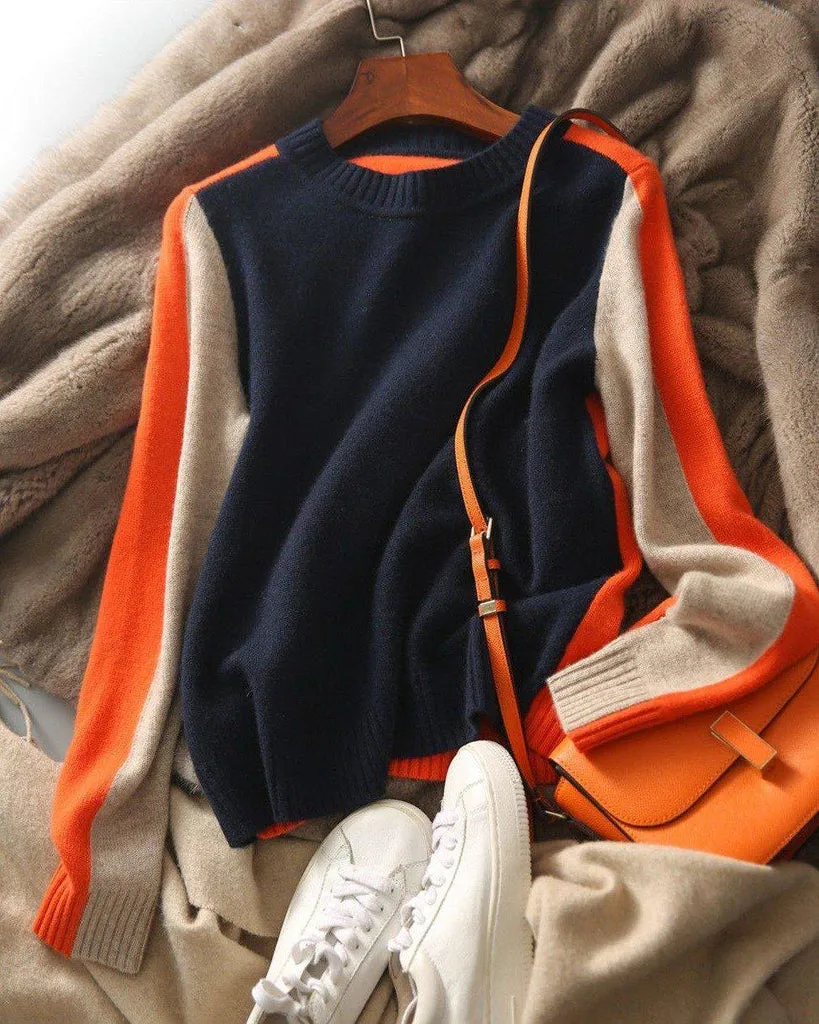 Vera - Marineblauwe En Oranje Trui Met Retro Strepen