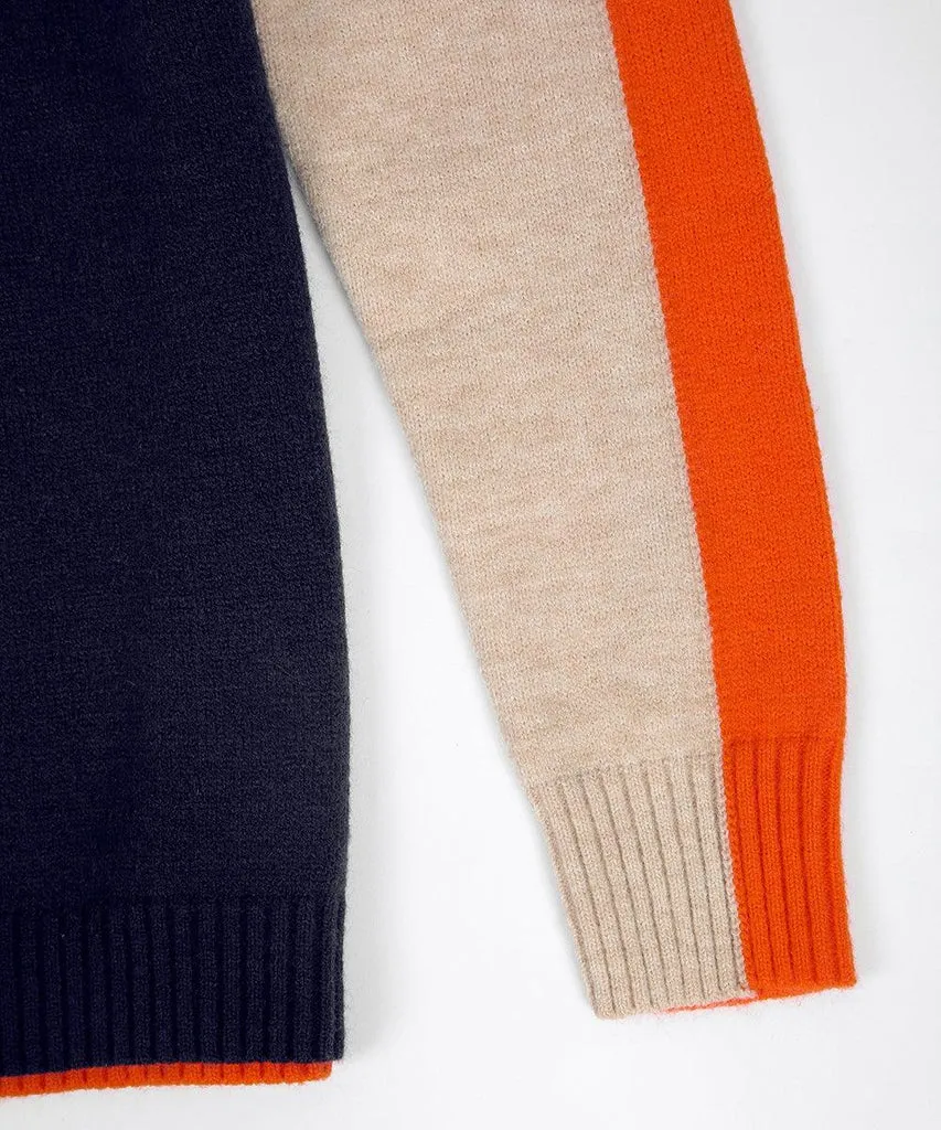 Vera - Marineblauwe En Oranje Trui Met Retro Strepen