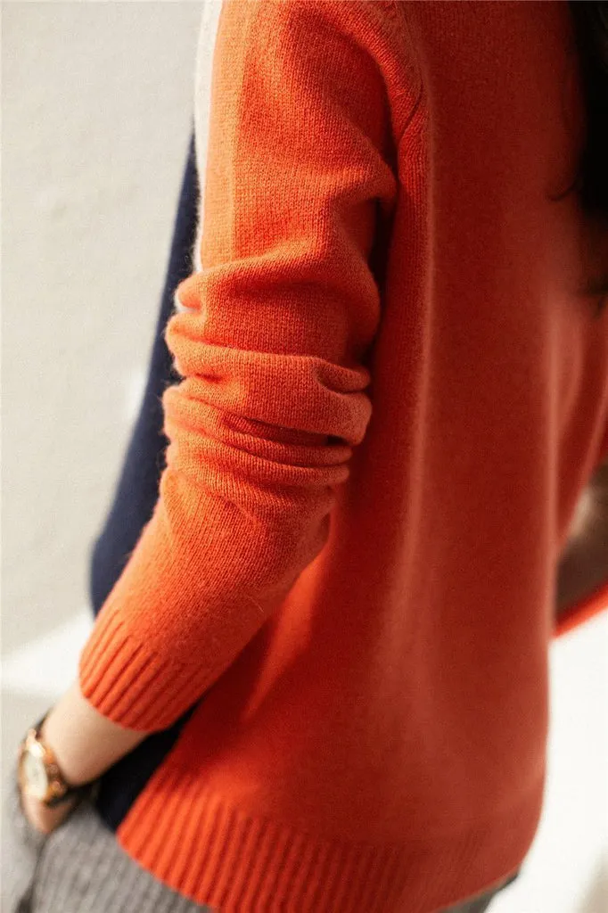 Vera - Marineblauwe En Oranje Trui Met Retro Strepen