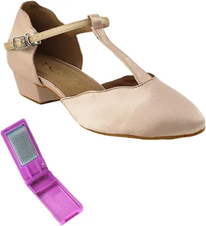 Very Fine Dance Shoes - Ladies Practice, Cuban Low Heel, Waltz Ballroom Dance Shoes - 6819FT - 1-inch Heel and Foldable Brush Bundle - Flesh Satin - 8