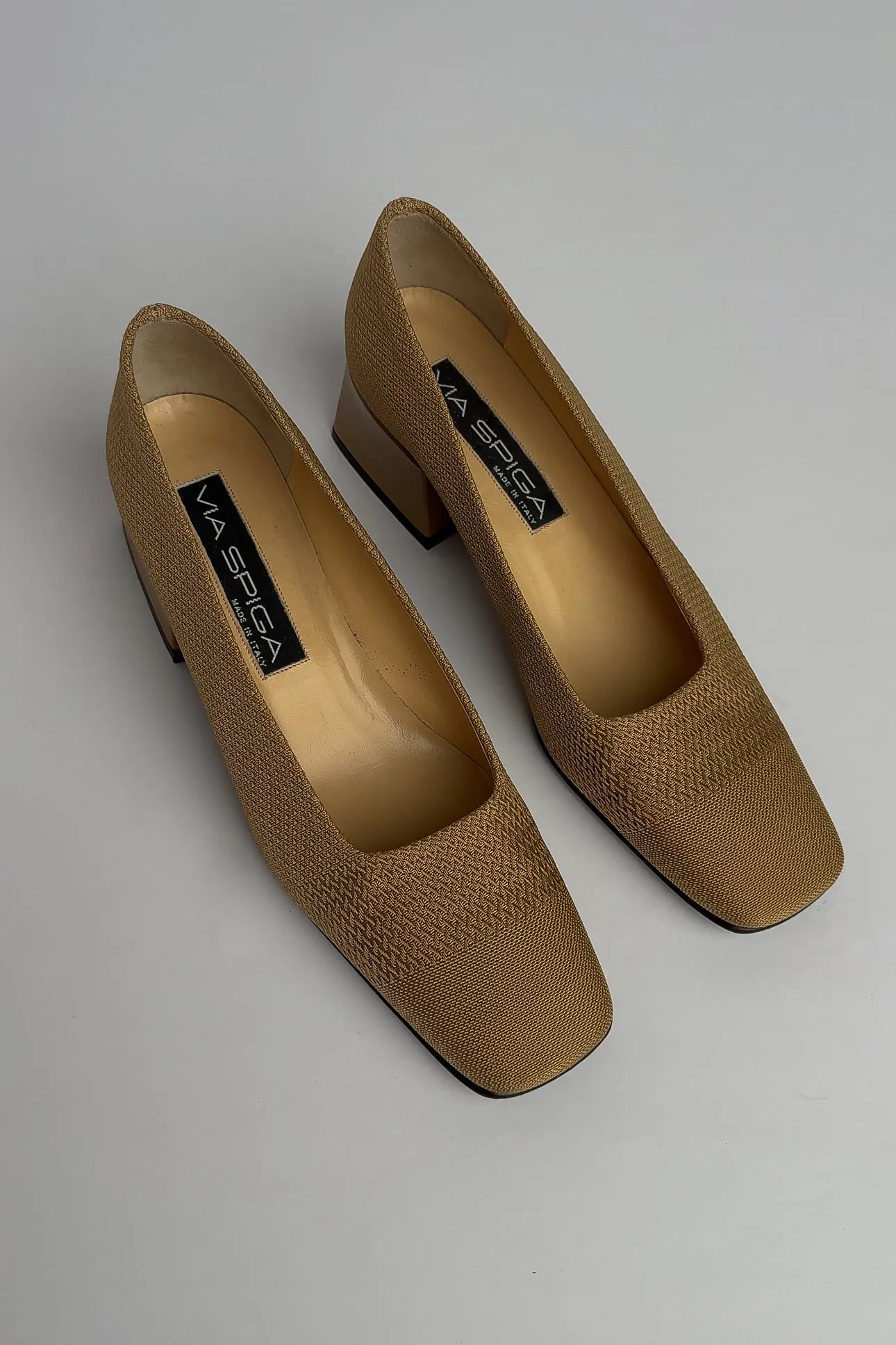 Vintage Italian Cashew Woven Fabric and Leather Block Heels, 7 N