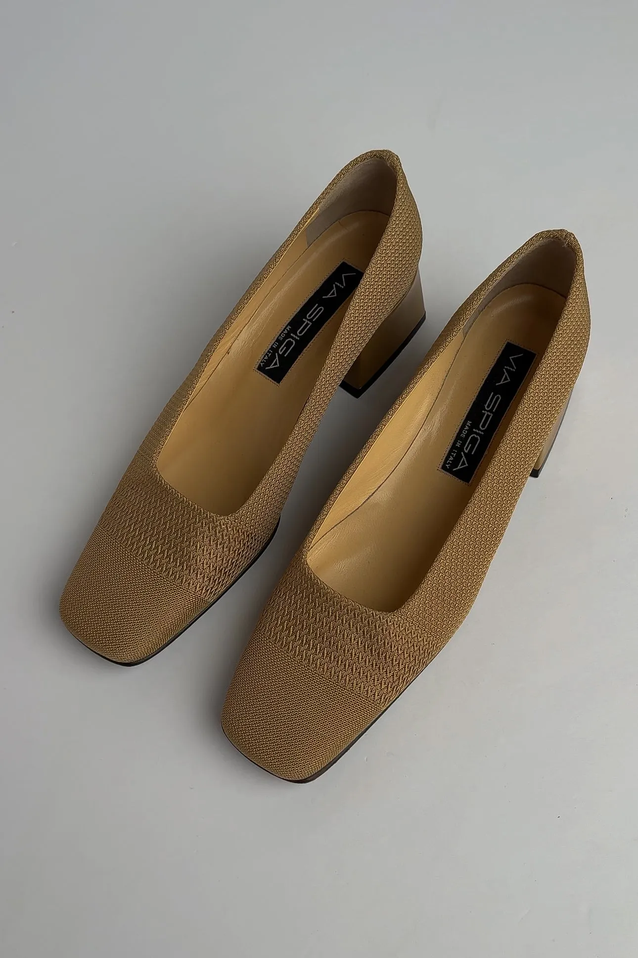 Vintage Italian Cashew Woven Fabric and Leather Block Heels, 7 N