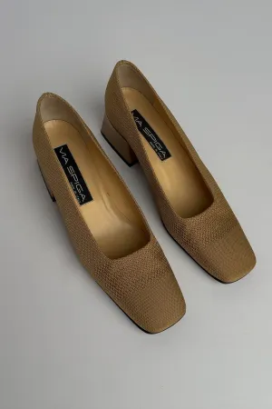 Vintage Italian Cashew Woven Fabric and Leather Block Heels, 7 N
