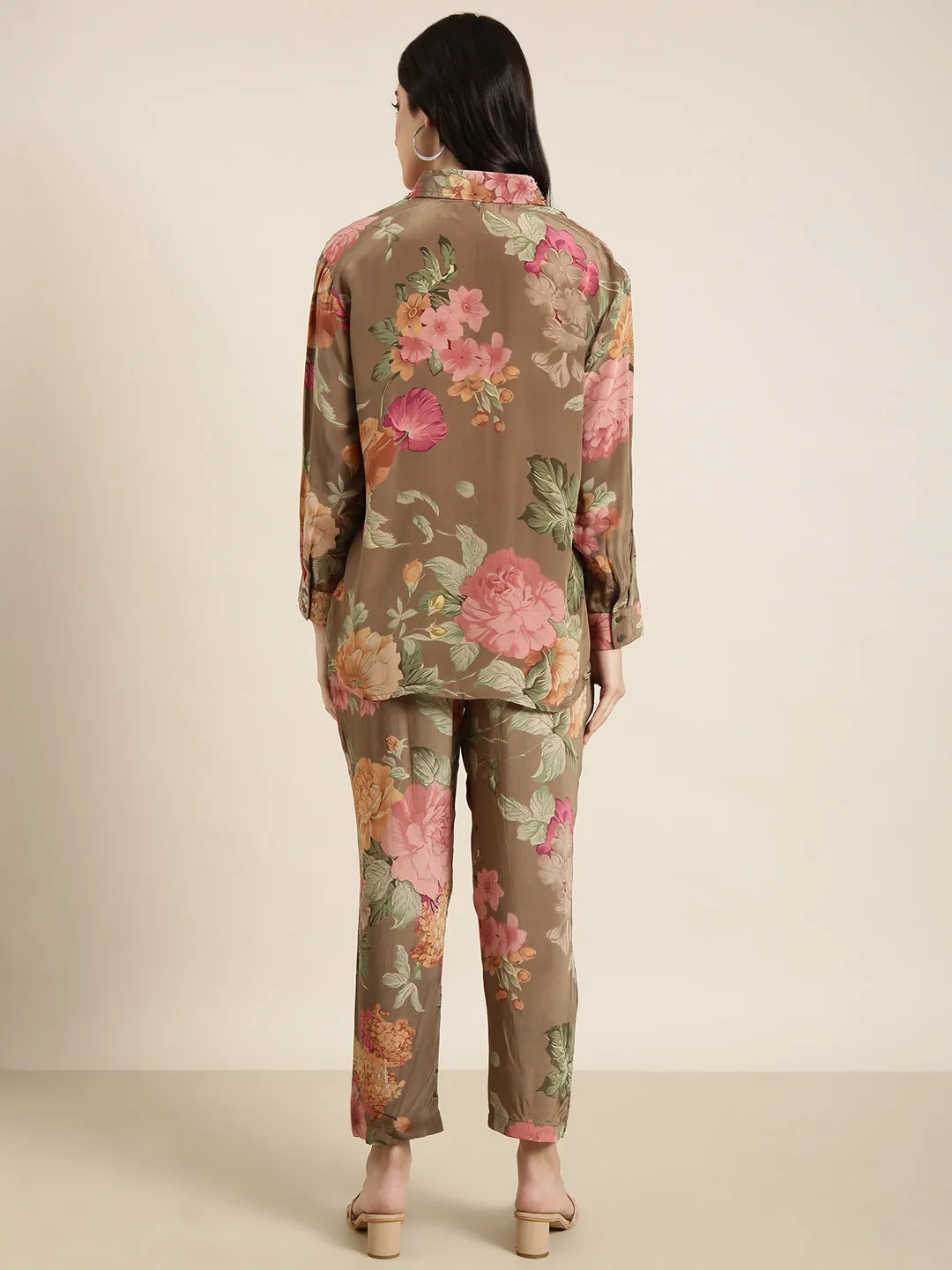 Women Oversized Green Printed Shirt & Trousers Set