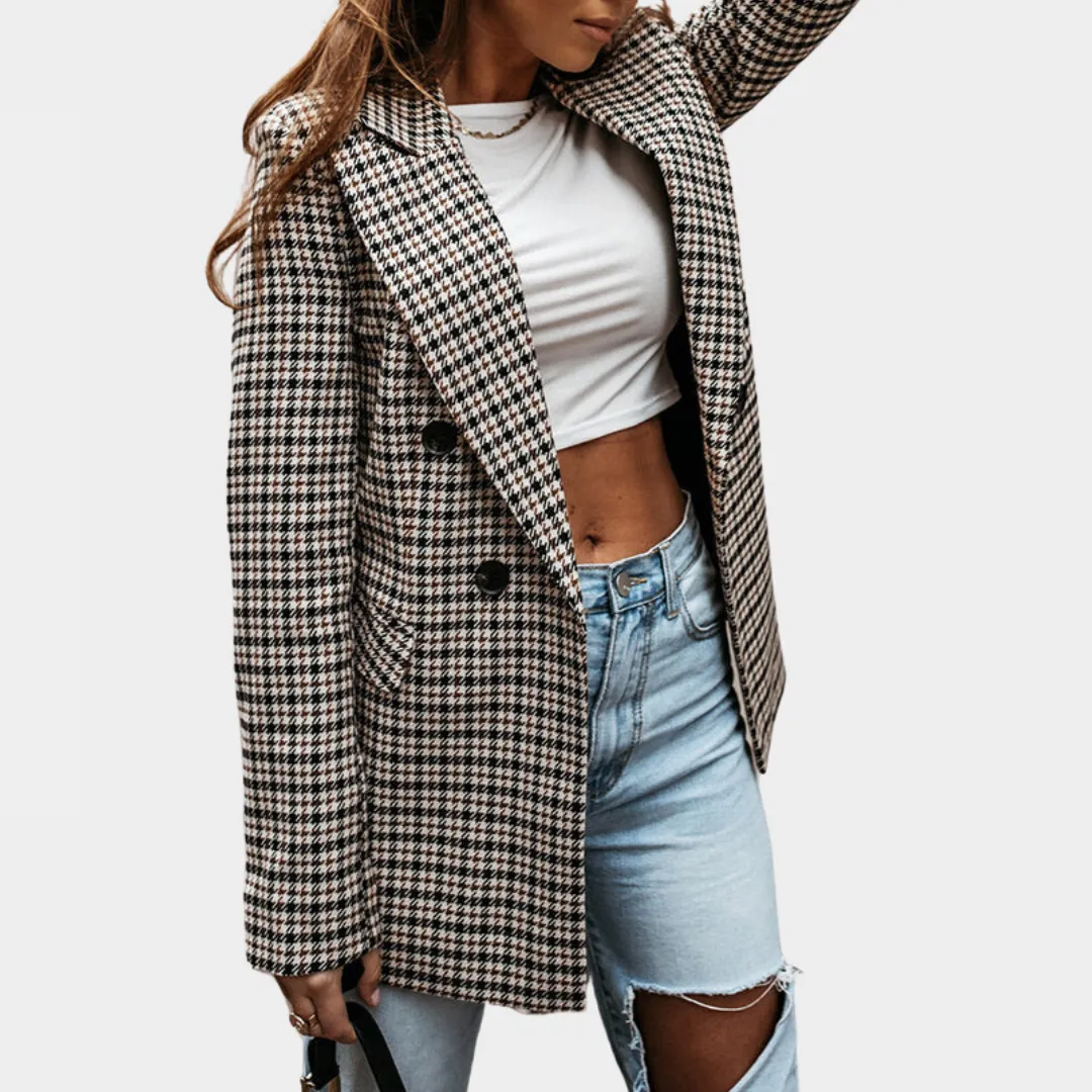 Women's Checkered Blazer - Retro Print - Long Sleeve - Patchwork Design