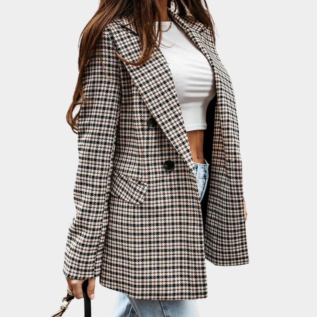 Women's Checkered Blazer - Retro Print - Long Sleeve - Patchwork Design