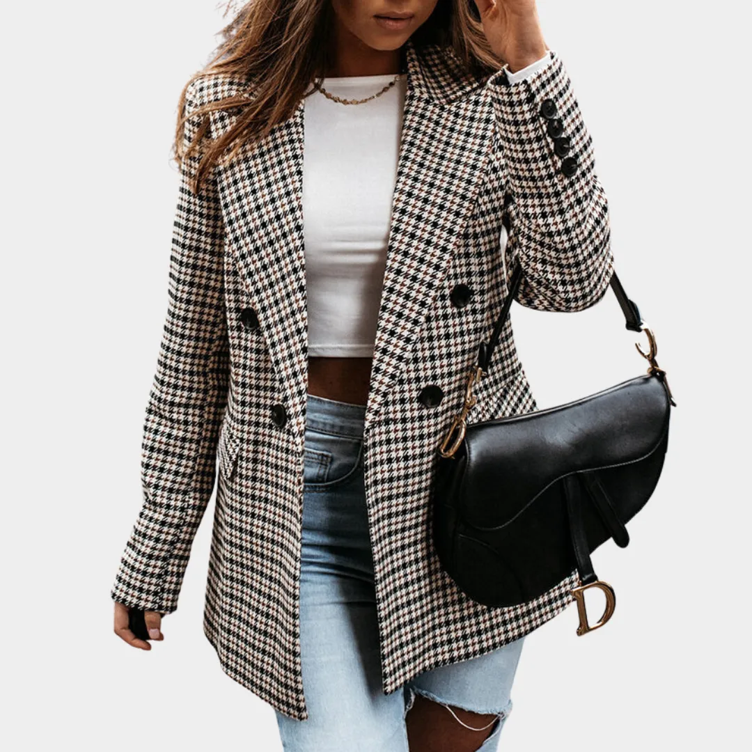 Women's Checkered Blazer - Retro Print - Long Sleeve - Patchwork Design