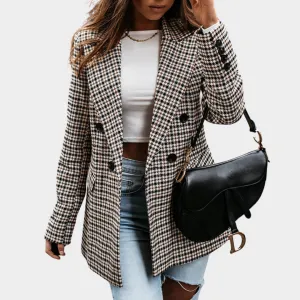 Women's Checkered Blazer - Retro Print - Long Sleeve - Patchwork Design