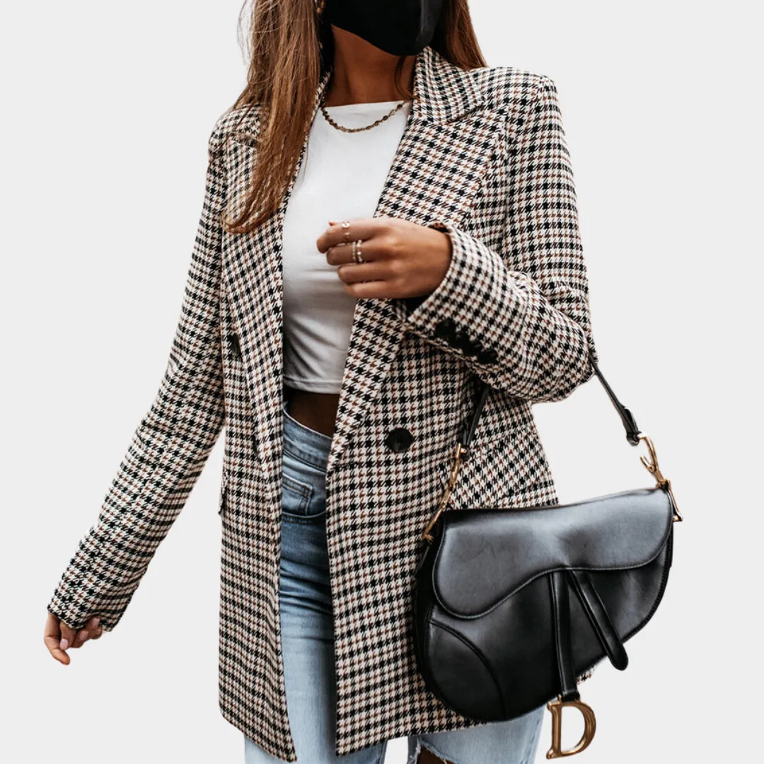 Women's Checkered Blazer - Retro Print - Long Sleeve - Patchwork Design