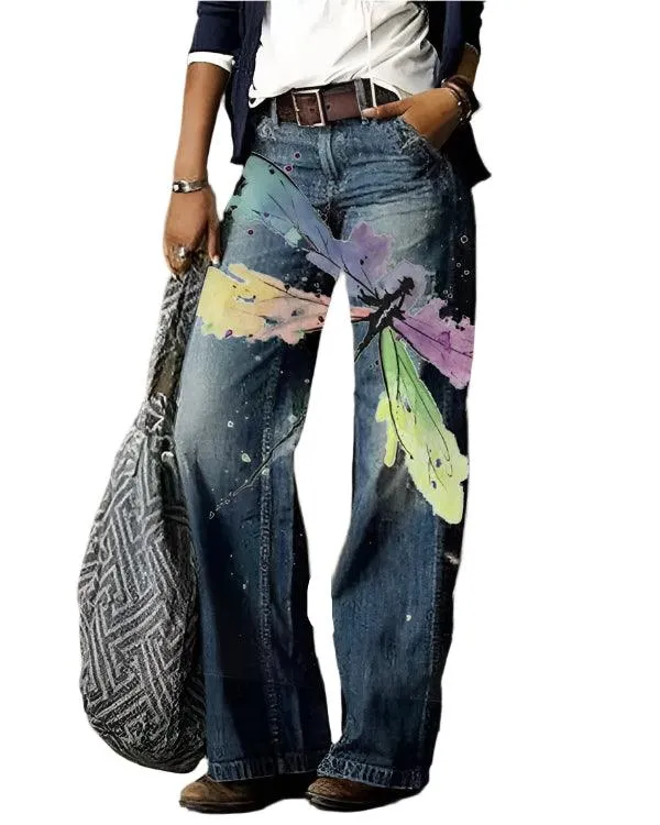 Women’s High-Waist Printed Wide-Leg Pants – Trendy & Chic Imitation Jeans
