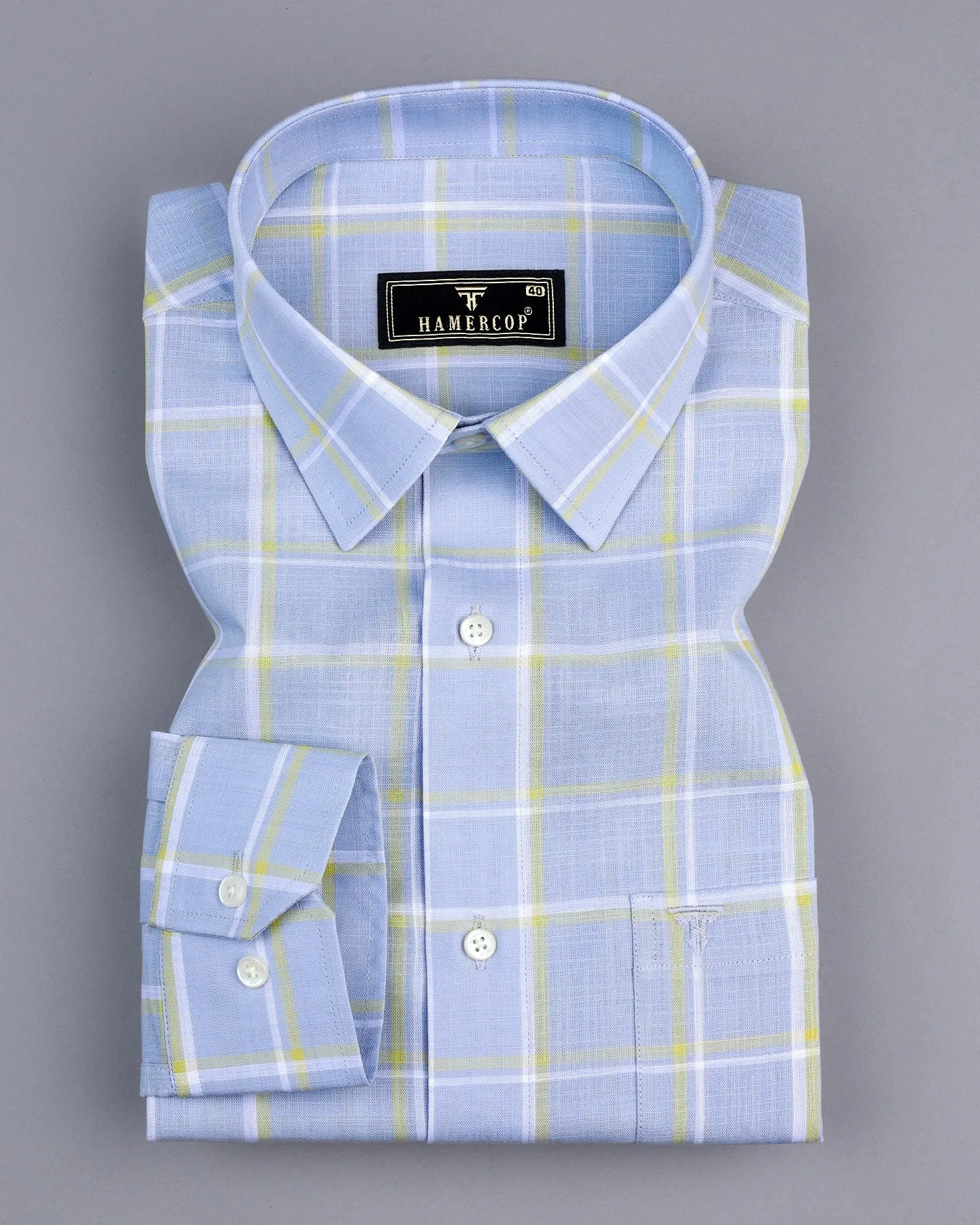 Wrefal Silver Blue Check Linen Cotton Formal Shirt