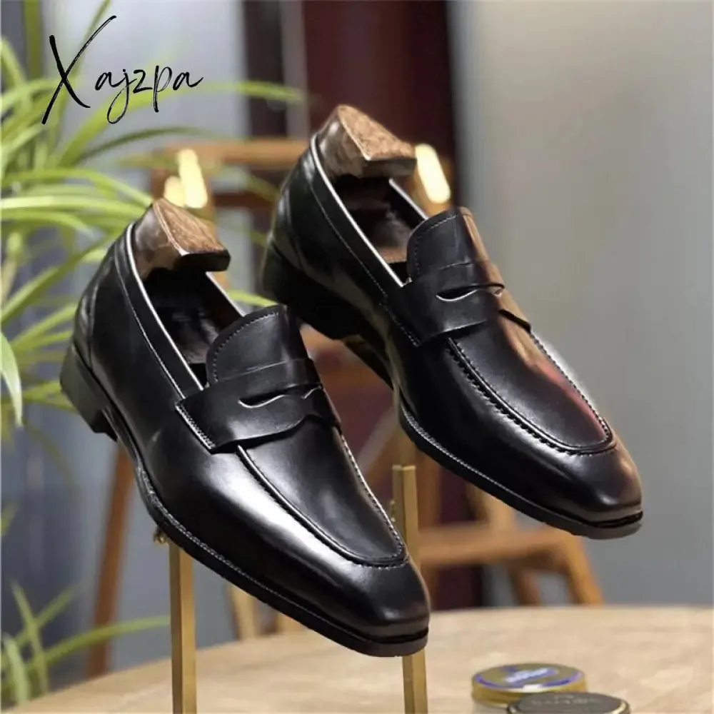 Xajzpa - Men Loafers Leather Square Toe Low Heel Mask Slip On Classic Fashion Wedding Business Casual Daily Dress Shoes