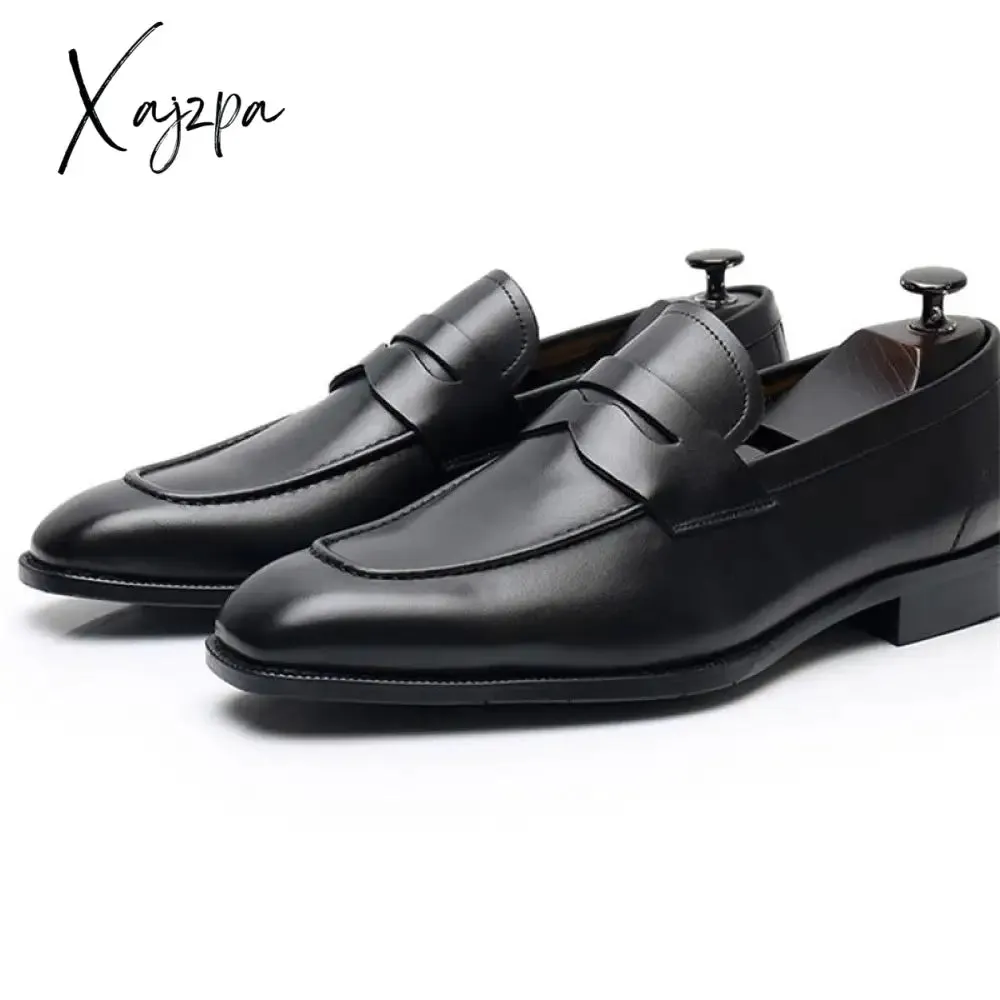 Xajzpa - Men Loafers Leather Square Toe Low Heel Mask Slip On Classic Fashion Wedding Business Casual Daily Dress Shoes