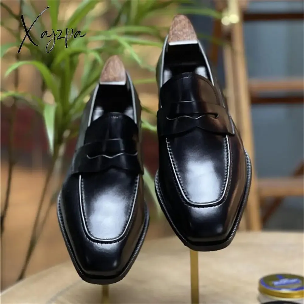 Xajzpa - Men Loafers Leather Square Toe Low Heel Mask Slip On Classic Fashion Wedding Business Casual Daily Dress Shoes
