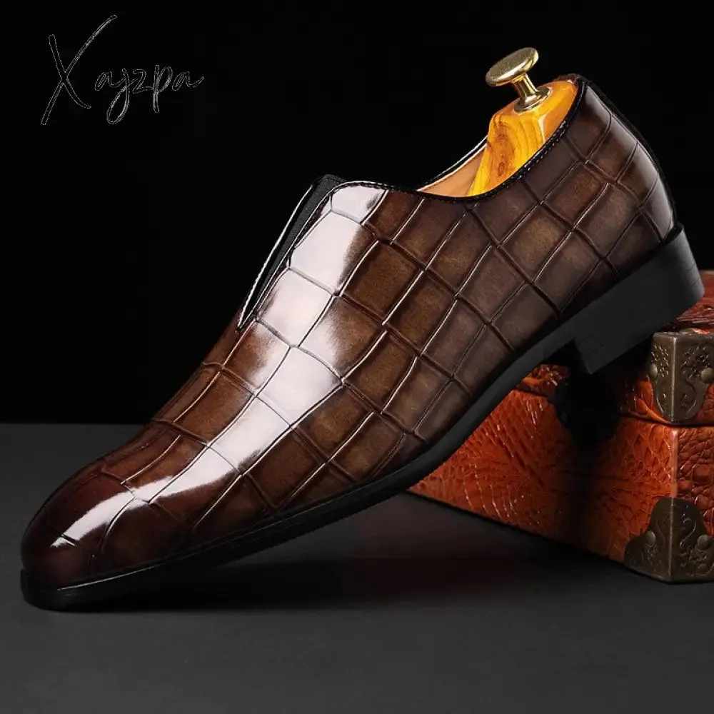 Xajzpa - New Loafers Men Shoes PU Solid Color Fashion Business Casual Wedding Party Versatile Crocodile Pattern Classic Dress Shoes CP145
