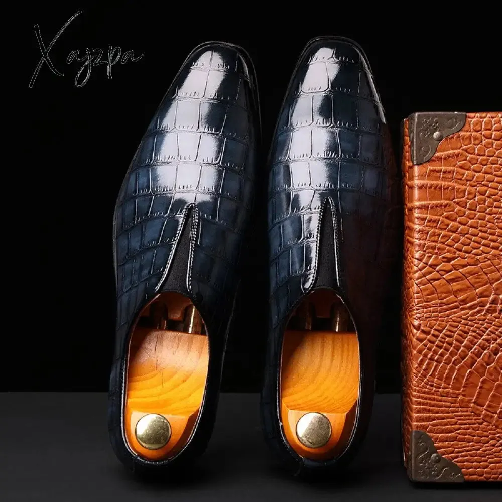 Xajzpa - New Loafers Men Shoes PU Solid Color Fashion Business Casual Wedding Party Versatile Crocodile Pattern Classic Dress Shoes CP145