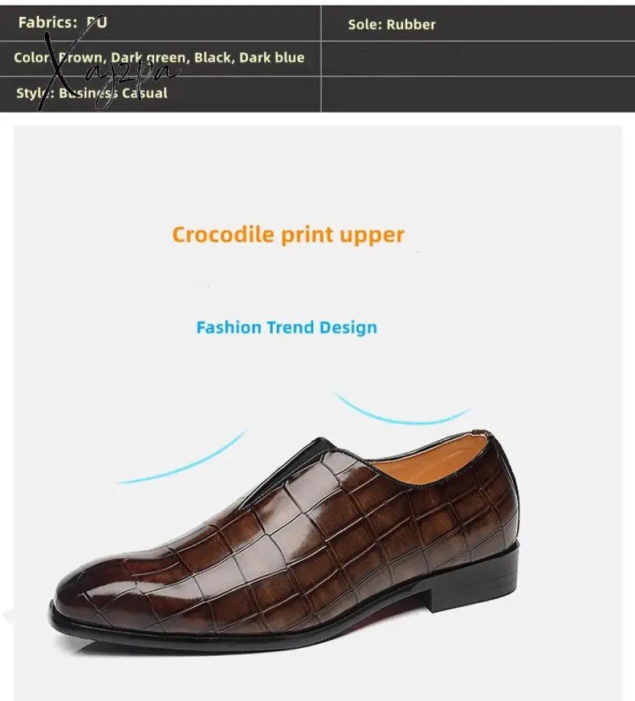 Xajzpa - New Loafers Men Shoes PU Solid Color Fashion Business Casual Wedding Party Versatile Crocodile Pattern Classic Dress Shoes CP145