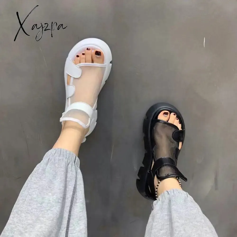 Xajzpa - Sandals Women Summer New Fashion Thick-bottomed Breathable Eugene Yarn Mesh Magic Paste Roman Sandals Hook & Loop AD1255