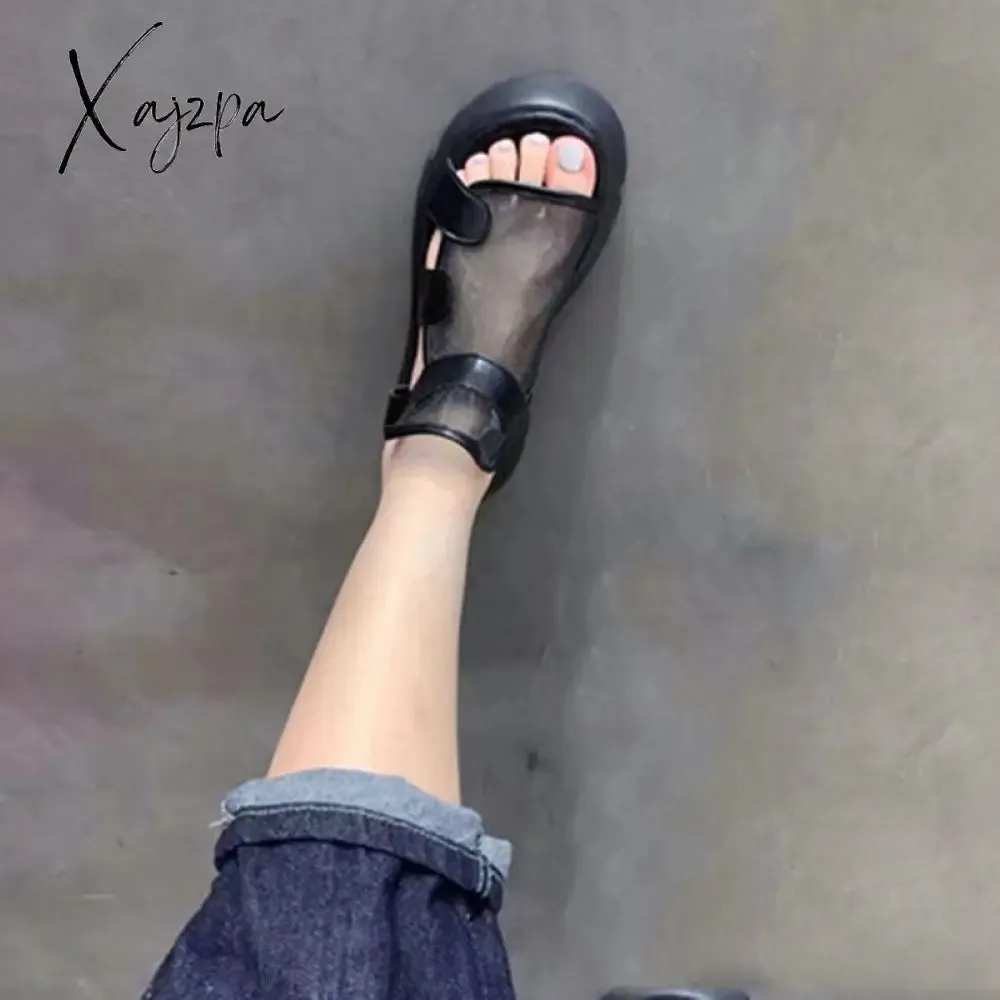 Xajzpa - Sandals Women Summer New Fashion Thick-bottomed Breathable Eugene Yarn Mesh Magic Paste Roman Sandals Hook & Loop AD1255